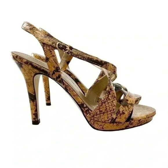 Fioni Strappy High Heel Sandals Snakeskin Tan Brown Faux Leather Size 7.5 - Picture 1 of 14